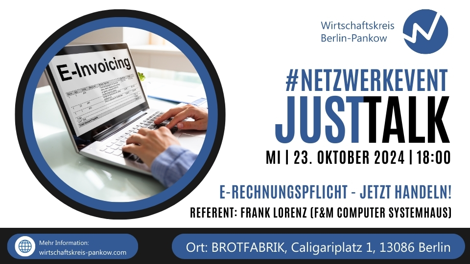 Veranstaltungsankündigung: Just Talk im Oktober 2024 - Netzwerkevent. Thema: E-Rechnungspflicht